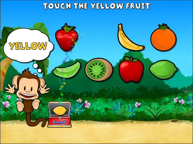 由不同色果团环绕的猴子,在Monkey学前便盒应用切片中写着“触摸黄果团”,以汇总最佳小朋友应用